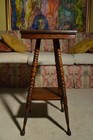 Antique Victorian Tiger Oak Parlor Side Table 2 Tier Eastlake Carved Spool Leg