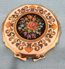 Vintage  Enamel Gold Tone Pill Box bar Compact Floral Hinge Case