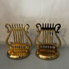 Vintage Harp Solid Brass Book Ends Musical Symbol Pair Staff Stand Bookends Mcm