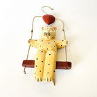 Hand Carved Wooden Cat On Swing Ornament made In Indonesia hand Painted