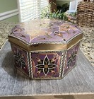 Vintage Meister Octagonal Metal Tin Made In Brazil Purple Gold Floral Design