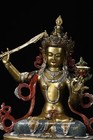 11 4 old Tibet Bronze Gilt Painting Wenshu Manjushri Goddess Buddha Sword Statue