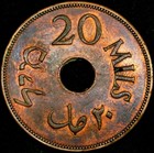 20 Mils 1944 Central Hole Hebrew     Palestine     British Mandate Only 200k Rare   