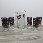 Vintage Schlitz Beer Heavy Glass Pitcher And 6 Stained Glass Style Beer Glasses