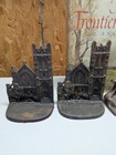 Vintage Art Deco Cast Metal Cameo Church  Bookends And The Frontiersman Book
