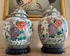 Pair Of 19th Century Qing Dynasty China Large Famille Verte Lidded Jars W  Stand