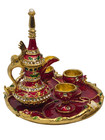  antique Ottoman Dallah Coffee Kettle   3 Red Cups Handmade Jeweled Decor 