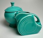 Vintage 3 Pc Lot Turquoise Fiestaware Fiesta Teapot Mini Disk Pitcher Sugar Bowl