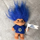 Vintage Russ Troll Doll Blue Hair Happy Chanukah Flag Hanukkah