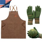 Men Women Gardening Thick Canvas Bib Apron   Glove Set With Large Pockets  Brown