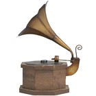Metal Music Antique Gramophone With Brown Wooden Base  9  X 12  X 17   Copper