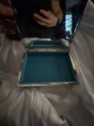 Vintage Silver Tone Metal Trinket Box Teal Velvet Lined Hinged Jewelry Holder
