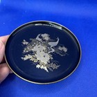 Vintage Otagiri Gold   Silver Peacock Black Lacquer 4 Coasters Matching Box Mcm