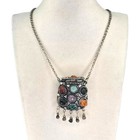 Vintage Tibetan Sajai Silver Metal Natural Stone Coin Purse Chain Necklace Boho