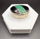 Vintage Silver Oval Hinged Lid Trinket Pill Box Black Onyx   Malachite Inlay