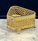 Vintage Ormolu Jewelry Box Casket Beveled Glass Ornate Filigree Footed Triangle
