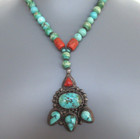 Vintage  925  Sterling Silver Turquoise And Coral Necklace  Stunning Design 15 