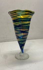 Vintage Art Glass Vase 12 5 Inch Ruffled Blue Yellow Swirl Signed Hand Blown