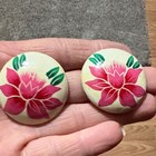 Vintage Handpainted Czech Pink Flora Green Leaf Large Button 1 7  Earrings
