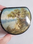Russian Fedoskino Mother Of Pearl Lacquer Box Hand Painted Lake Scene Signed