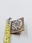 Vintage Gold Tone Faux Pearl Rhinestone Square Hand Mirror Vanity 1950s