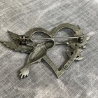 Jj Vintage Hummingbird Pewter Heart Flower Brooch Pin Jewelry Ss-15