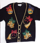 Norton Mcnaughton Vtg Gold   Black Ugly Christmas Sweater Cardigan Bells Sz L