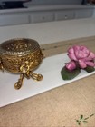 Vintage Footed Gold Filigree Ormolu Jewelry Casket Beveled Glass Top