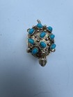 Vtg Turtle Pill Box trinket Box Silver Tone With Faux Turquoise Opens On Hinge