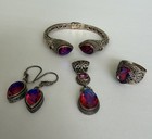 Sarda 925 Volcanic Mystic Quartz 4-pc Set Cuff Bracelet pendant ring earrings 