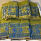 Vtg Stevens Utica Floral Towel Set 3 Bath 4 Hand Fringe Green Blue Cotton Mcm