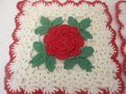 Vintage  Crocheted Pot Holders red Rose   White  Lot Of 2 Retro Kitchen