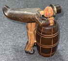 Vintage Wooden Moving Man Leaning On Barrel Match cigarette Box Wood Opens 7 h