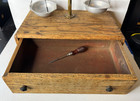 Vintage Antique Pharmacy Apothecary Scale Balance Wood Base W  Drawer Brass