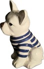 World Market Ceramic French Bulldog Dog Cookie Jar  Blue   White Striped Shirt