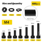 480pcs M4 Screws Assortment Kit  M4x6 8 12 16 20 30 Mm Hex Socket Head Cap Bolts