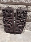 Pair Carved Wood Corbels Brackets Figural Relief Design Brown