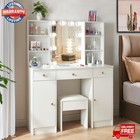 Vanity Wood Makeup Dressing Table Stool Set W drawer   Mirror Jewelry Desk White