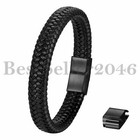 Men Black Brown Leather Braided Bracelet Steel Adjustable Magnetic Clasp Bangle