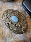 Vtg Art Nouveau Gold Footed Small Trinket Jewelry Box Red Velvet Agate Stone J1