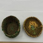 Small Round Woven Wicker Miniature Lidded Basket   Green Brown Floral