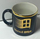Vtg Microsoft Office Logo Black Coffee Mug With Gold Trim  1990s Original
