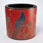 Antique Chinese Qing Dynasty Lacquered Wood Bird Flower Planter Brush Pot 7 dia