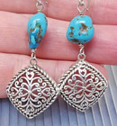 Vintage Sterling Silver Turquoise Filigree Dangle Pierced Earrings