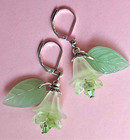 Mint White Glass   Acrylic Flower With Leaf Dangle Earring Sp Lever Back Fgg
