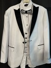Men   s White Tuxedo Jacket Vest Shirt Bow Tie Set Formal Wedding prom Black Trim 
