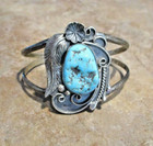 Fine Wide Vintage Navajo Sterling Silver Turquoise Leaf Applique Bracelet Signed