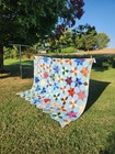 Vintage Polyester Star Quilt Hand Stitched 1970s Retro 78x90 Blue Multicolor