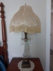 Antique 35  Antique Crystal Glass  Brass And Marble Table Lamp With Silk Shade