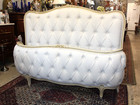 Antique French Louis Xv Full Size Bed  New White Lenin Tufted Upholstered
